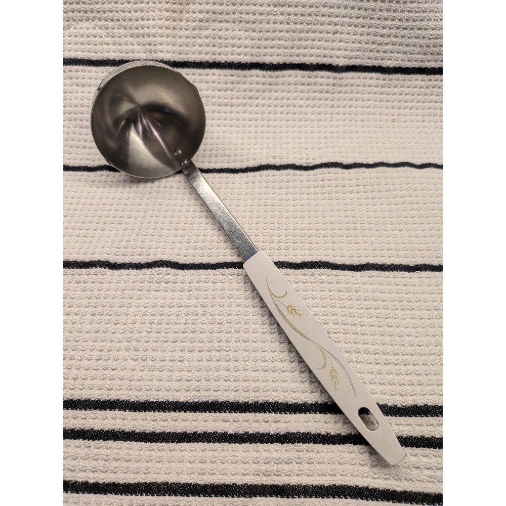 Vintage Stainless Steel Gravy Ladle White Gold Wheat Pattern Dual Spout USA Made